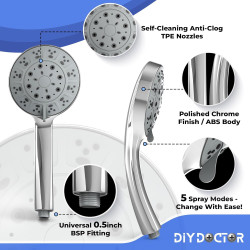 DIY Doctor Uniwersalna Słuchawka Prysznicowa – 5 Trybów, Wysokie Ciśnienie, Chromowana