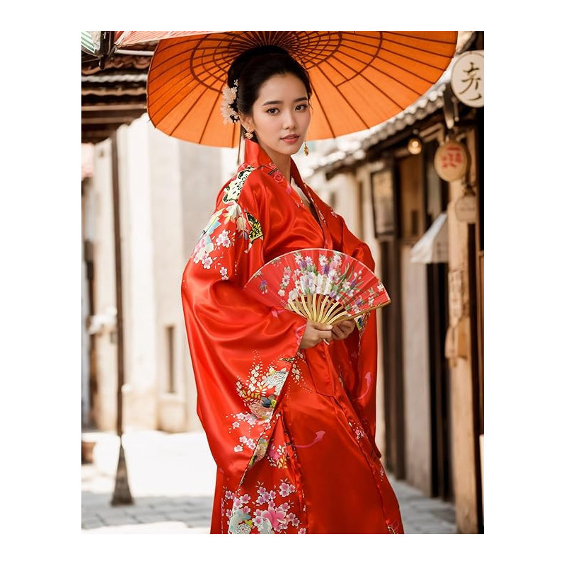PLULON Zestaw Yukata Kimono XXL – Japońska stylizacja: satynowy szlafrok, wachlarz, torebka, ozdoba do włosów i skarpetki Tabi PLULON Zestaw Yukata Kimono XXL – Japońska stylizacja: satynowy szlafrok, wachlarz, torebka, ozdoba do włosów i skarpetki Tabi