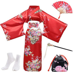 PLULON Zestaw Yukata Kimono XXL – Japońska stylizacja: satynowy szlafrok, wachlarz, torebka, ozdoba do włosów i skarpetki Tabi