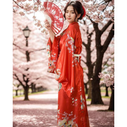 PLULON Zestaw Yukata Kimono XXL – Japońska stylizacja: satynowy szlafrok, wachlarz, torebka, ozdoba do włosów i skarpetki Tabi