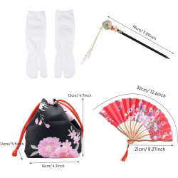 PLULON Zestaw Yukata Kimono XXL – Japońska stylizacja: satynowy szlafrok, wachlarz, torebka, ozdoba do włosów i skarpetki Tabi