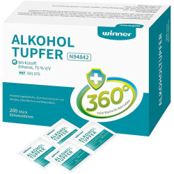 Winner Medical – Zestaw 200 szt. nasączonych gazików alkoholowych 75% etanol, 4-warstwowe, bawełna 100%, 6 x 6 cm